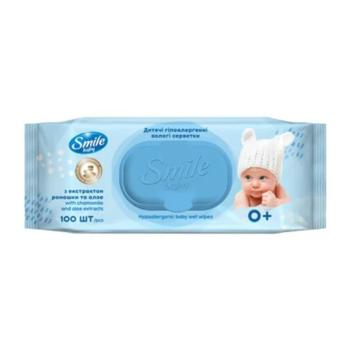 Серветки вологі Smile Baby з екстрактом ромашки та алое з клапаном 100 шт