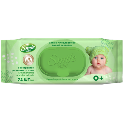 Серветки вологі Smile Baby з екстрактом ромашки та алое з клапаном 72 шт