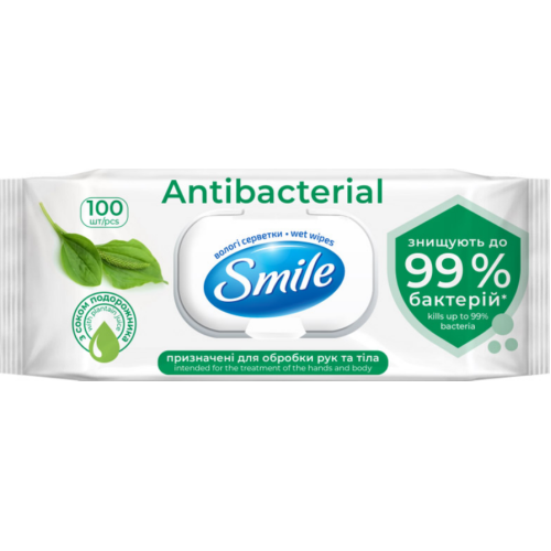 Серветки вологі Smile Antibacterial із соком подорожника з клапаном 100 шт
