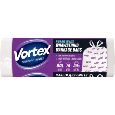Пакеты для мусора Vortex с белыми затяжками 60 л 15 шт