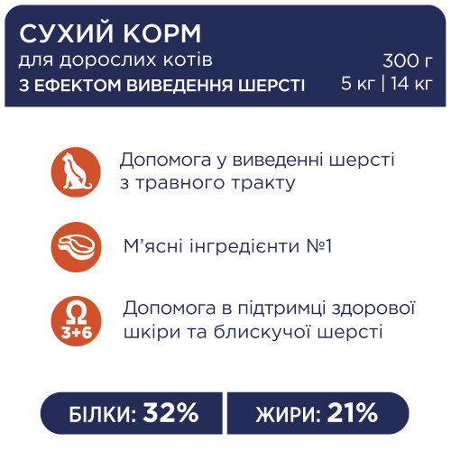 Корм сухой для котов Club 4 Paws контроль выведения шерсти 300 гр
