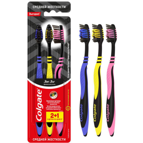 Зубная щетка Colgate Зиг Заг Древесный уголь средней жесткости 3 шт