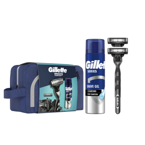 Подарочный набор Gillette Mach3 Станок Charcoal с 2 сменными картриджами+Гель для бритья 200 мл+Косметичка
