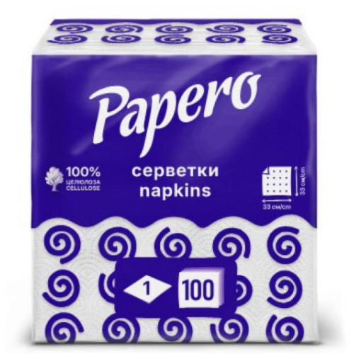 Серветки паперові Paperо 1 шари 330х330 мм 100 листов белые NL-017