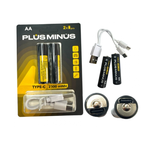 Аккумуляторные батареи Plus Minus AA 2500 mAH 2 шт с кабелем Type-C (ВОТ-17/PLUS-17)